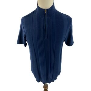 Reiss Rathie Mens L Textured Striped 1/4 Zip Knit Shirt Golf Casual Navy Blue